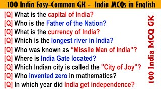 100 Easy India GK Questions and Answers | MCQs on India with Answers | India General Knowledge 2025