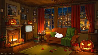 🎃 cozy halloween ambience | fireplace crackling & 1950s oldies playing in another room for unwind