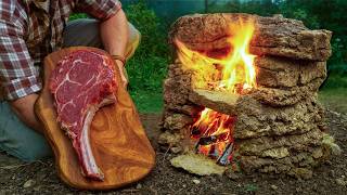 Primitive Tomahawk Steak in a Handmade Stone Oven | Outdoor Cooking Perfection