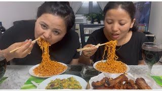 spicy noodles 🍝 with pork ribs and sausage// Mukbang video