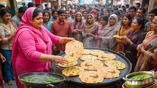 HARDWORKING LADY SELLING ALOO SAAG PARATHA | Roadside Cheapest Breakfast Lahore | Street Food Lahore