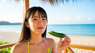 【AI生成】海の家でキュウリを食べる日本人女性アイドル