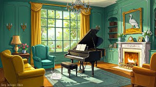 a calm day in the living room 1930s with soft oldies music playing in another room for unwind