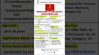 Indian Army DG EME Group C Vacancy 2025 | New Indian Army Vacancy 2025  #shorts #job
