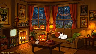 🎃 relaxing halloween vibes | 1940s vintage oldies music, fireplace ambience & rain sounds for sleep