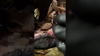 6hr cold hickory smoked pork booty, wrapped in banana leaf, finished in a 350f oven #onogrindz