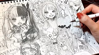 【アナログ】ハロウィン★おばけな女の子たち1ページいっぱいに描いてみた【メイキング】