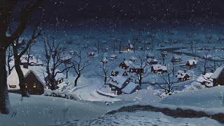 a cozy snowy night with 1950s vintage oldies playing in another room