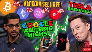 BITCOIN LIVE : BTC AND CRYPTO DUMP HARD, GOOGL ALL TIME HIGHS, TSLA BREAKOUT