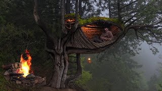 BUSHCRAFT TREEHOUSE - Building a Shelter in the Rainy Forest - Solo Camping in the Wilderness