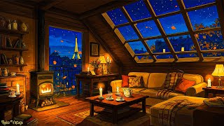 it's autumn 1950s paris night and you're listening to vintage jazz music on a room| fireplace sounds
