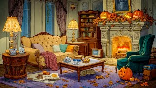 a cozy autumn night 1940s with oldies playing in another room in a cottage for Peaceful Halloween