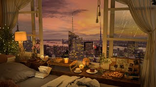 Warm And 4K Cozy Bedroom At Night | NYC Rooftops with Jazz Music for Relax and Study