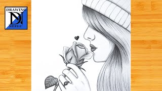 How to draw a Girl with Rose -Step by Step || Pencil sketch for beginner || Girl drawing || Drawing