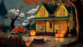 Cozy Autumn 🍂 Gentle Drizzle Outside with Oldies Playing in Another Room | Vintage halloween night