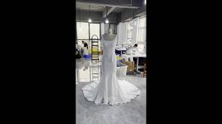 Simple Square Neck Crepe Wedding Dress with Godet Train #BrydealoFactory