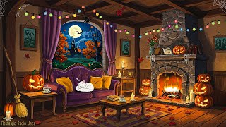a warm autumn night 1920s and you're listening to vintage music on a cottage room🎃