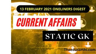 13 february 2021 Oneliner Current Affairs | Current Affairs | Static gk | Hindi_GK |