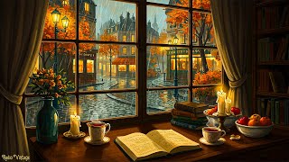 a peaceful 1930s rainy autumn night in a vintage bookstore | oldies playing in another room 🌧️