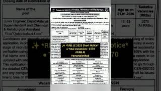 ✨ *RRB JE 2025 Short Notice* ● Total Vacancies : 2570 #RRBJE #smartalerthub