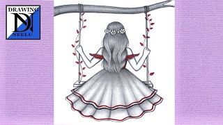 How to Draw Aesthetic Girl Swinging on a tree🌸 || Pencil Sketch for Beginners || Girl Drawing