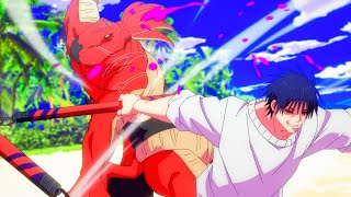 呪術廻戦 懐玉・玉折／渋谷事変►眩しい浜辺で放たれる致命的な一撃 !! 力の暴風が巨大な敵を吹き飛ばす [ Jujutsu Kaisen 2nd Season Full HD ]