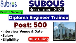 SUBROS Recruitment 2022 | Diploma Engineer Trainee  Vacancy 2022 | Private Jobs for Diploma
