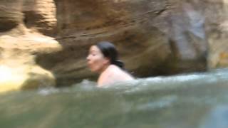 Zion Narrows - Jen jumps into a pool of water