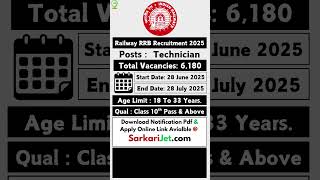 Railway RRB Technician Recruitment 2025 Form Fill Up 2025 #rrb #railwayjobs #job