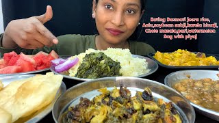 EATING SHOW | BASMATI JEERA RICE,AALU GOBHI SABHI,CHOLE MASALA,KARELA BHURJI,PURI,SAG,WATERMELON