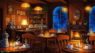 slow living in cozy autumn and listening to retro jazz in old 1940s coffee shop on a rainy night